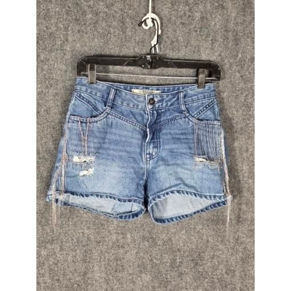 Rock & Roll Denim Womens High Rise Shorts Medium Wash Silver Chain Fringe W 25